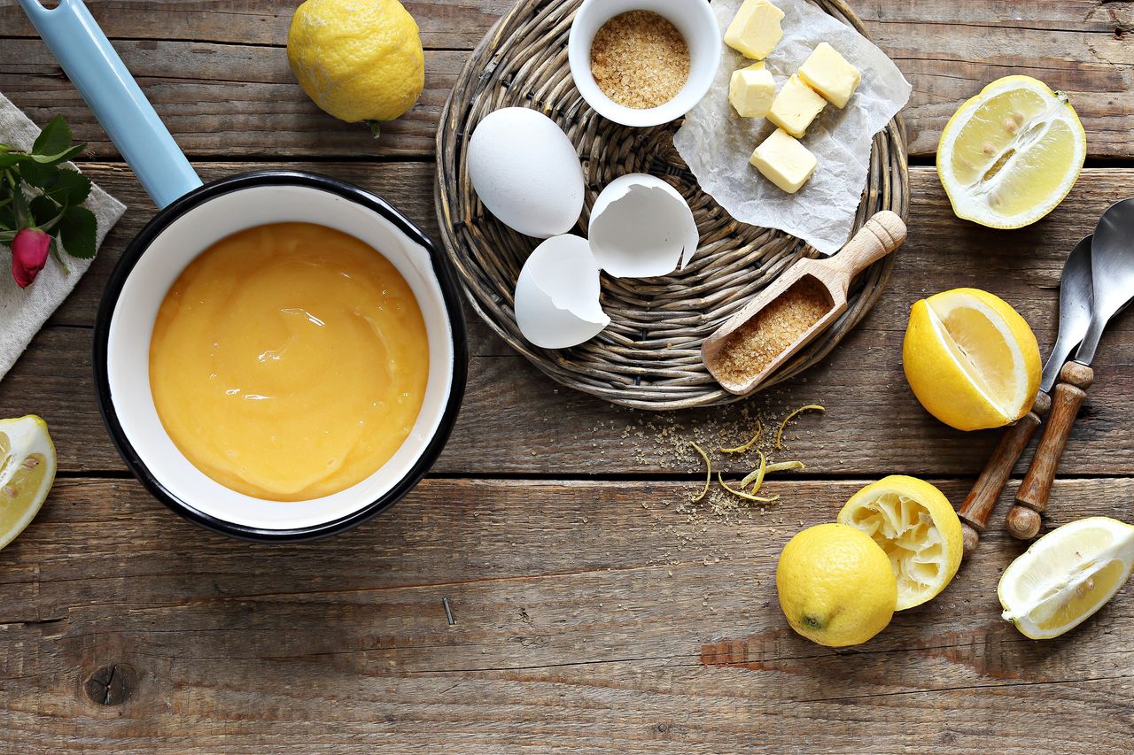 Homemade Lemon curd recipe with the ingredients and finished curd pictured.