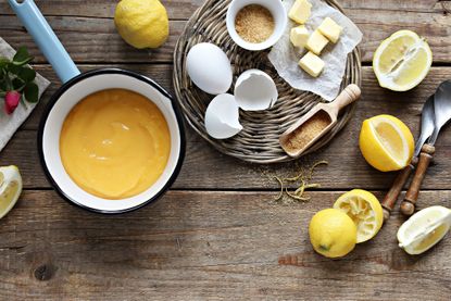 Homemade Lemon curd recipe with the ingredients and finished curd pictured.