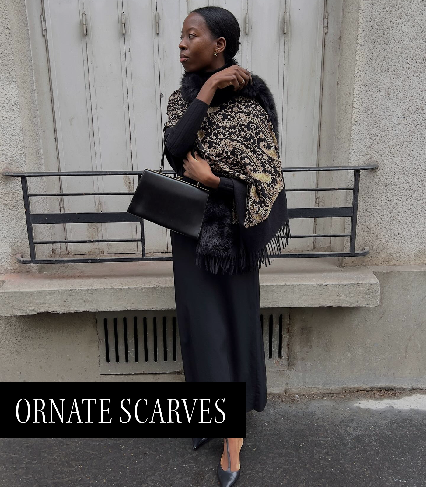 A photo of Sylvie Mus wearing an ornate scarf, one of the top 2026 micro trends.