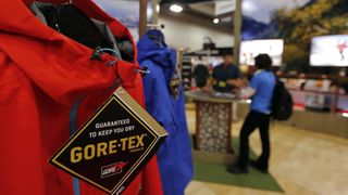 A Gore-Tex label hanging from clothing in an outdoor store