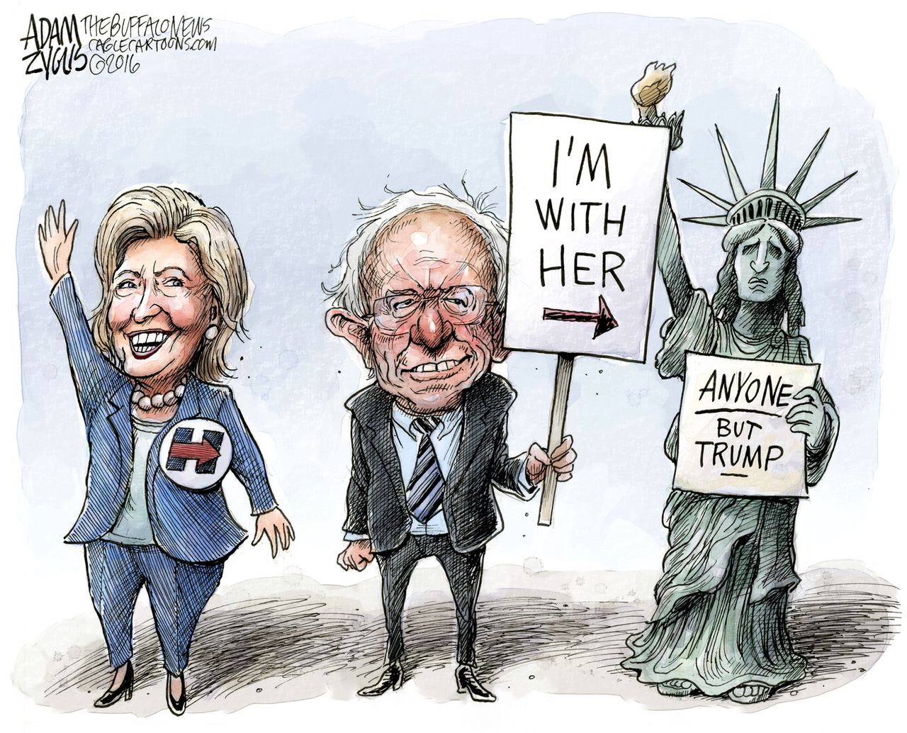 Political cartoon U.S. Hillary Clinton Bernie Sanders endorsement anyone but Trump