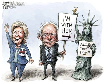 Political cartoon U.S. Hillary Clinton Bernie Sanders endorsement anyone but Trump