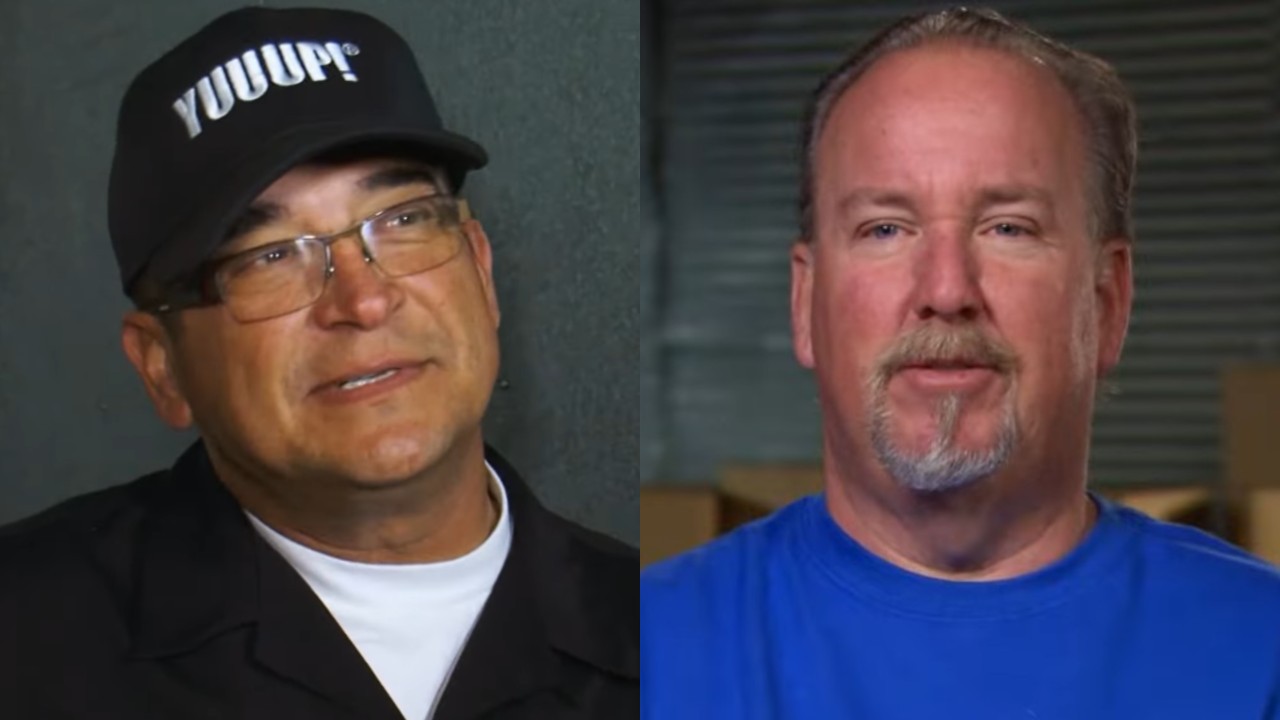 From left to right: Dave Hester wearing a "Yuuup!" hat and Darell Sheets looking into the camera on Storage Wars. 