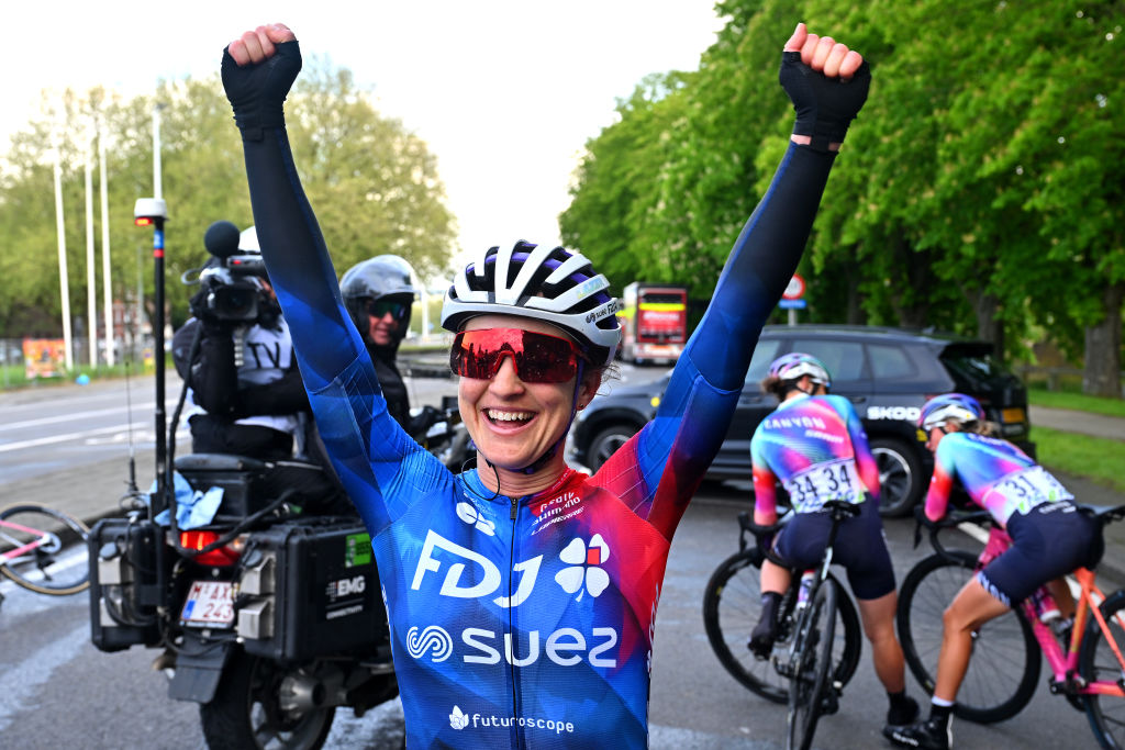 LIEGE BELGIUM APRIL 24 Race winner Grace Brown of Australia and Team FDJ Suez reacts after the 8th Liege Bastogne Liege Femmes 2024 a 1529km one day race from Bastogne to Liege UCIWWT on April 24 2024 in Liege Belgium Photo by Luc ClaessenGetty Images