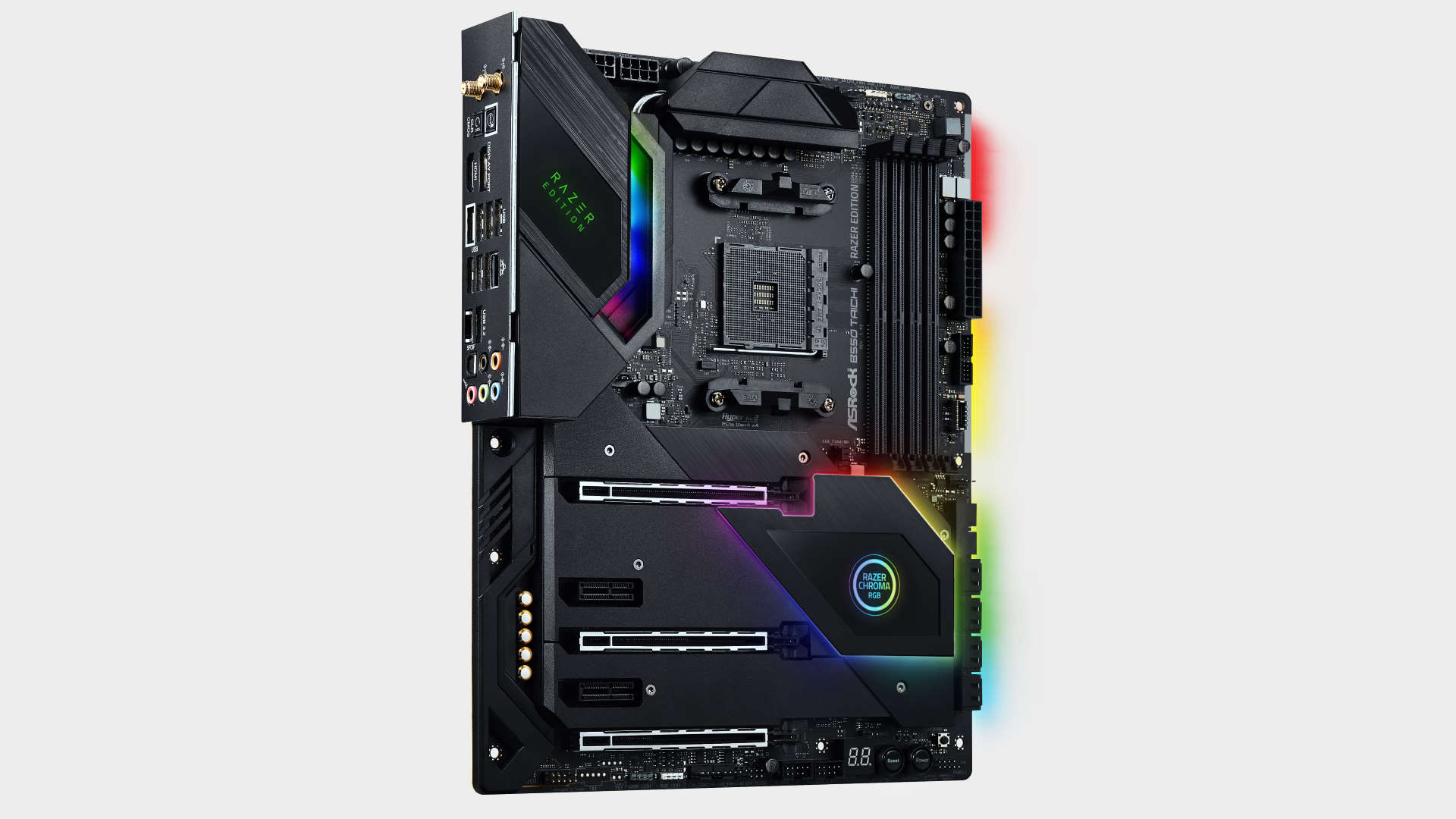 ASRock B550 Taichi Razer Edition motherboard pictured on a grey background