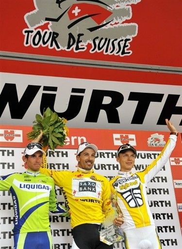 The final Tour de Suisse podium: Roman Kreuziger (3rd), Fabian Cancellara (1st) and Tony Martin (2nd)
