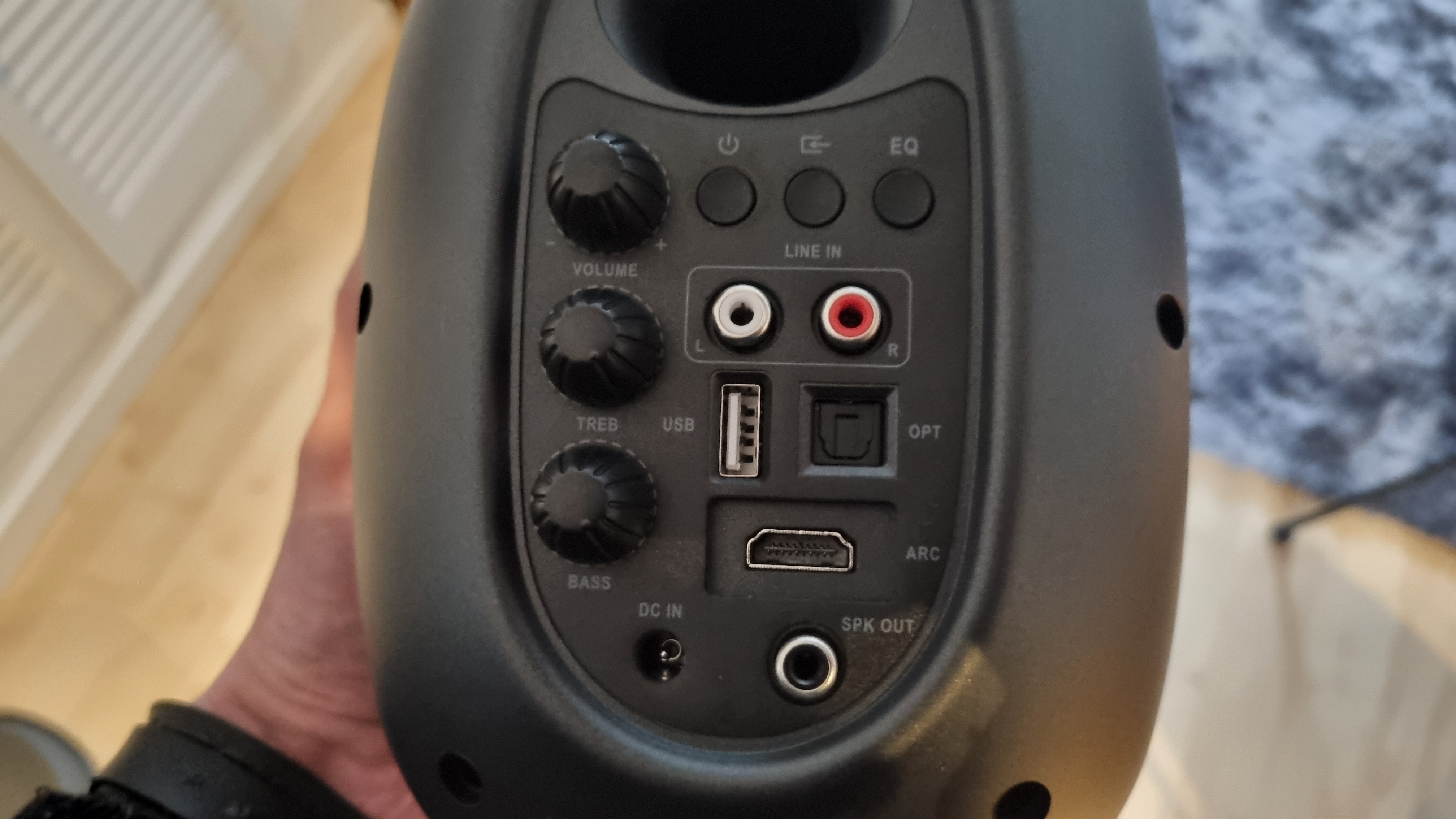 The rear of the right Majority D80 speaker, showing the inputs, rear mounted controls and connectivity options