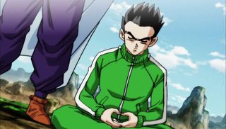 Gohan meditates in a green tracksuit with white stripes