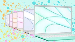 A colorful array of MacBook Air laptops against a splashing, pastel backdrop