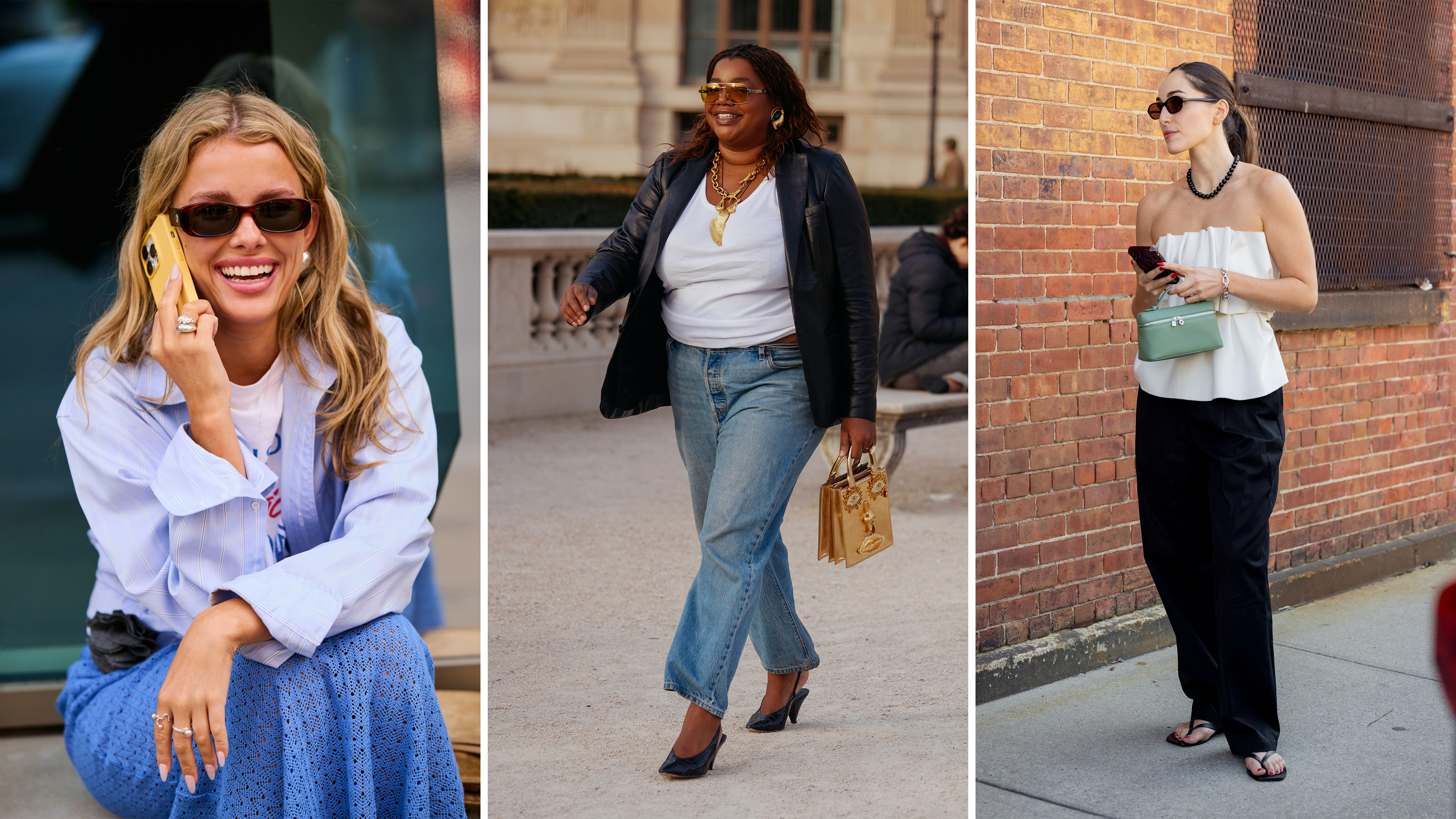 Woman on the phone; woman walking in jeans and T-shirt; Who What Wear editor Anna LaPlaca wearing white jeans and black pants.
