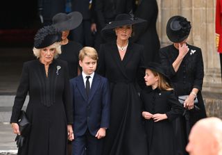 Queen Camilla, Kate Middleton, Prince George, Princess Charlotte, Duchess Sophie all wear black at Queen Elizabeth's State Funeral on September 19, 2022