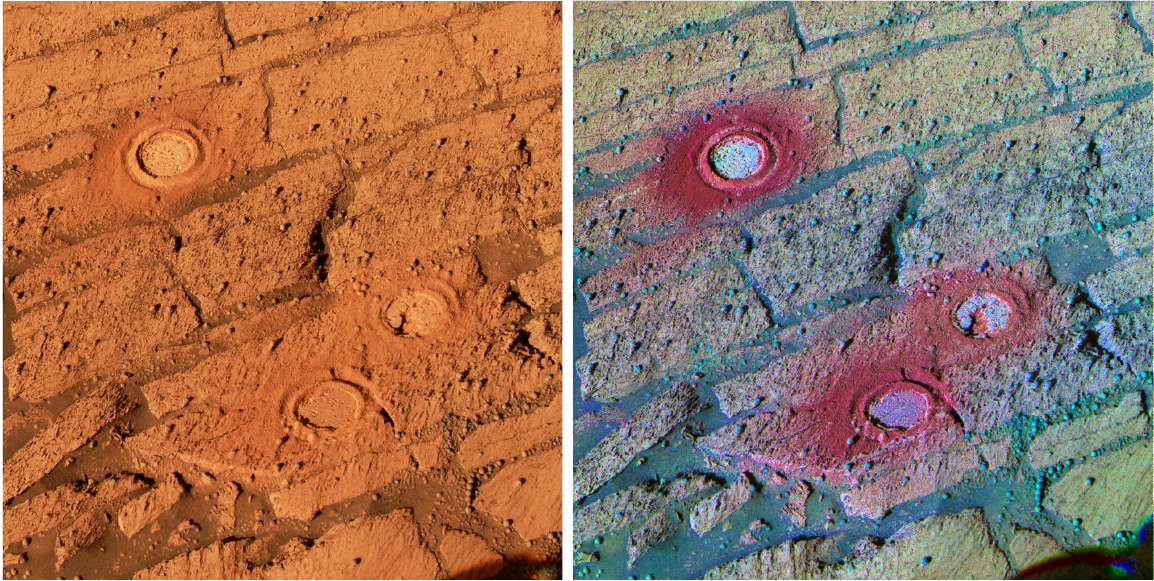 A two-panel comparison of Martian rock and rover wheel tracks, with the false-colour decorrelation stretch version highlighting mineral variation that's invisible in the natural-colour image