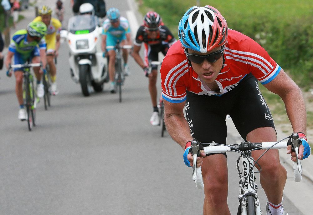 Luxemburg's Kim Kirchen(T-Mobile) takes the lead during the 2007 Fleche Wallonne.