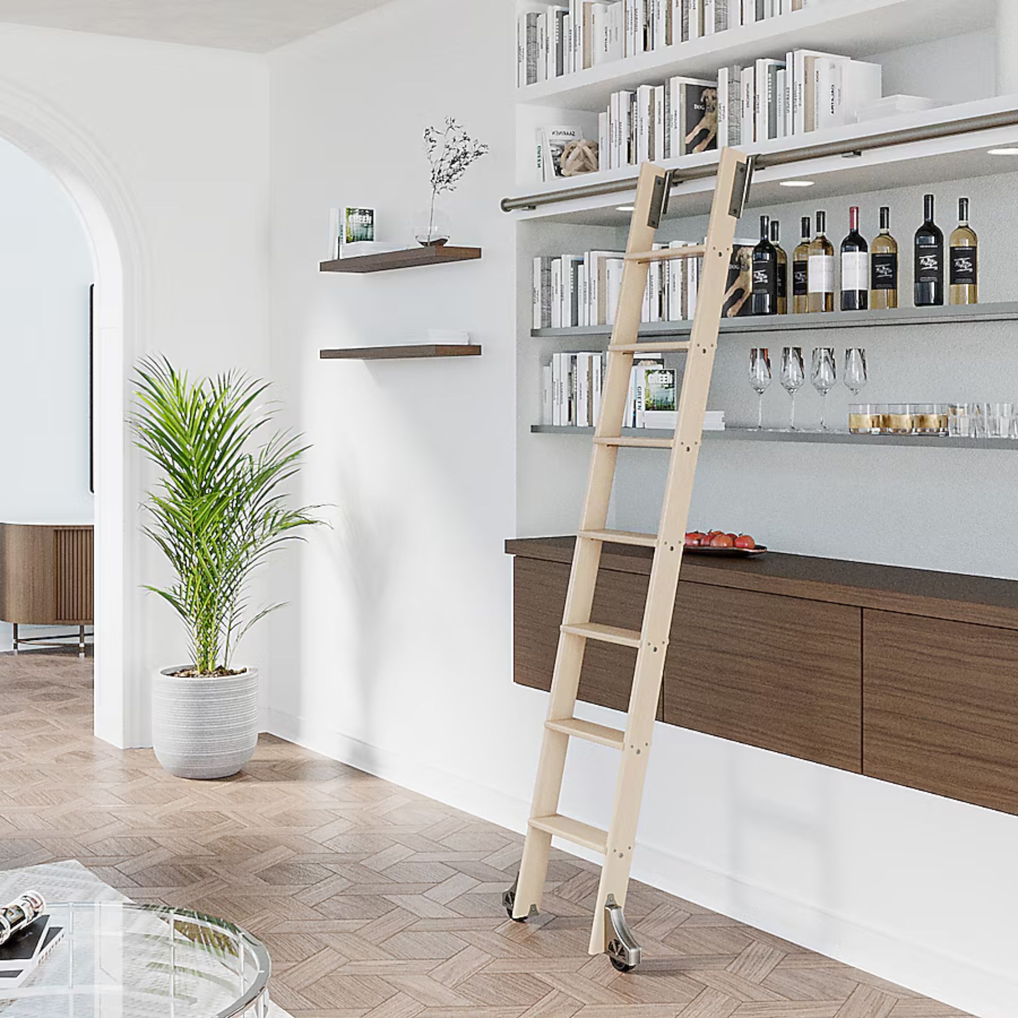 A rolling ladder in a living room against a set of shelves