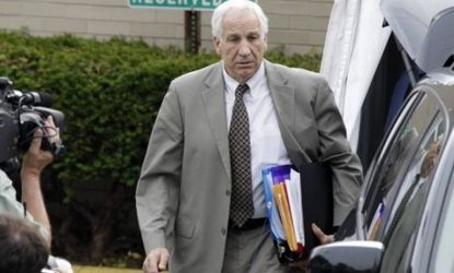 Former Penn State University assistant football coach Jerry Sandusky leaves the Centre County Courthouse after the first day of his trial in Bellefonte, Pa., on June 11. Sandusky is expected 