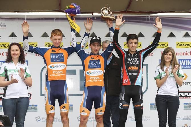 Toowoomba Stage 2 podium: Jack Haig, Nathan Earle (Huon Salmon-Genesys) and Matt Clark (CharterMason Drapac Development)