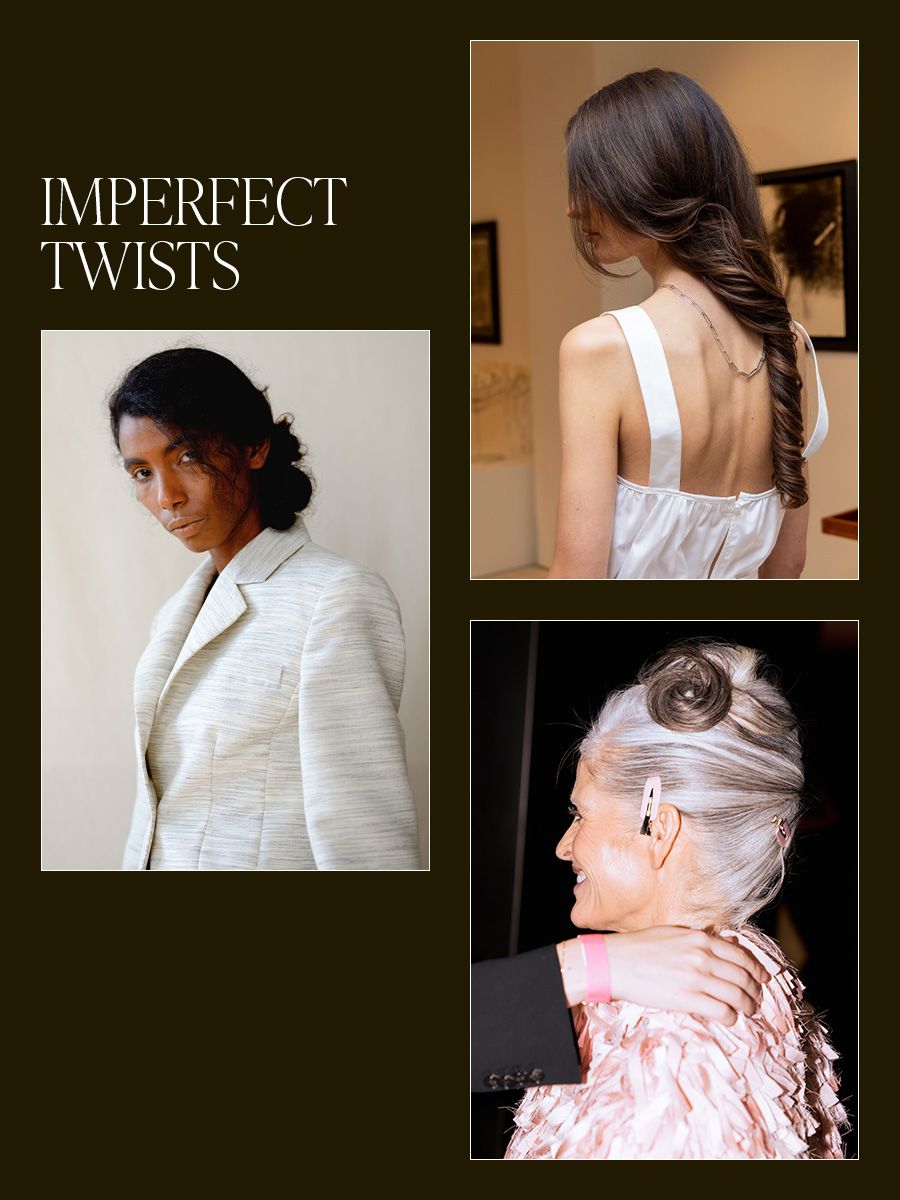 Collage of imperfect twists NYFW beauty trend.