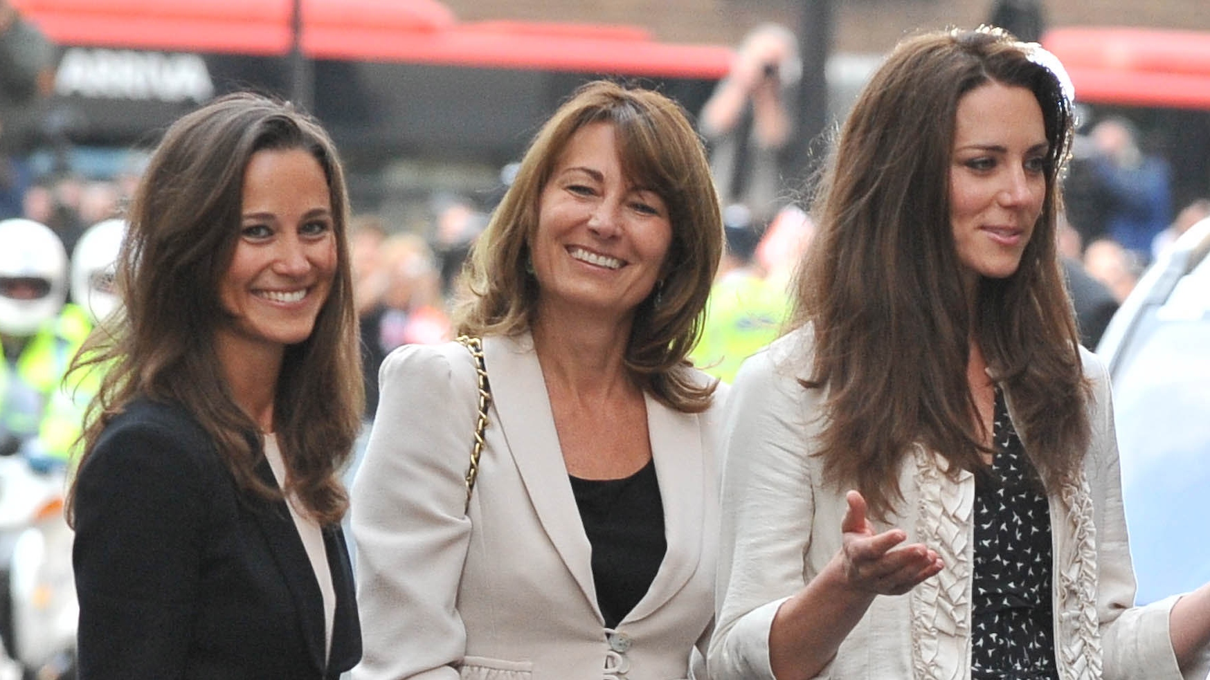 Catherine Middleton (R) is seen arriving with her mother Carole Middleton (M) and sister Pippa Middleton (L) at the Goring Hotel