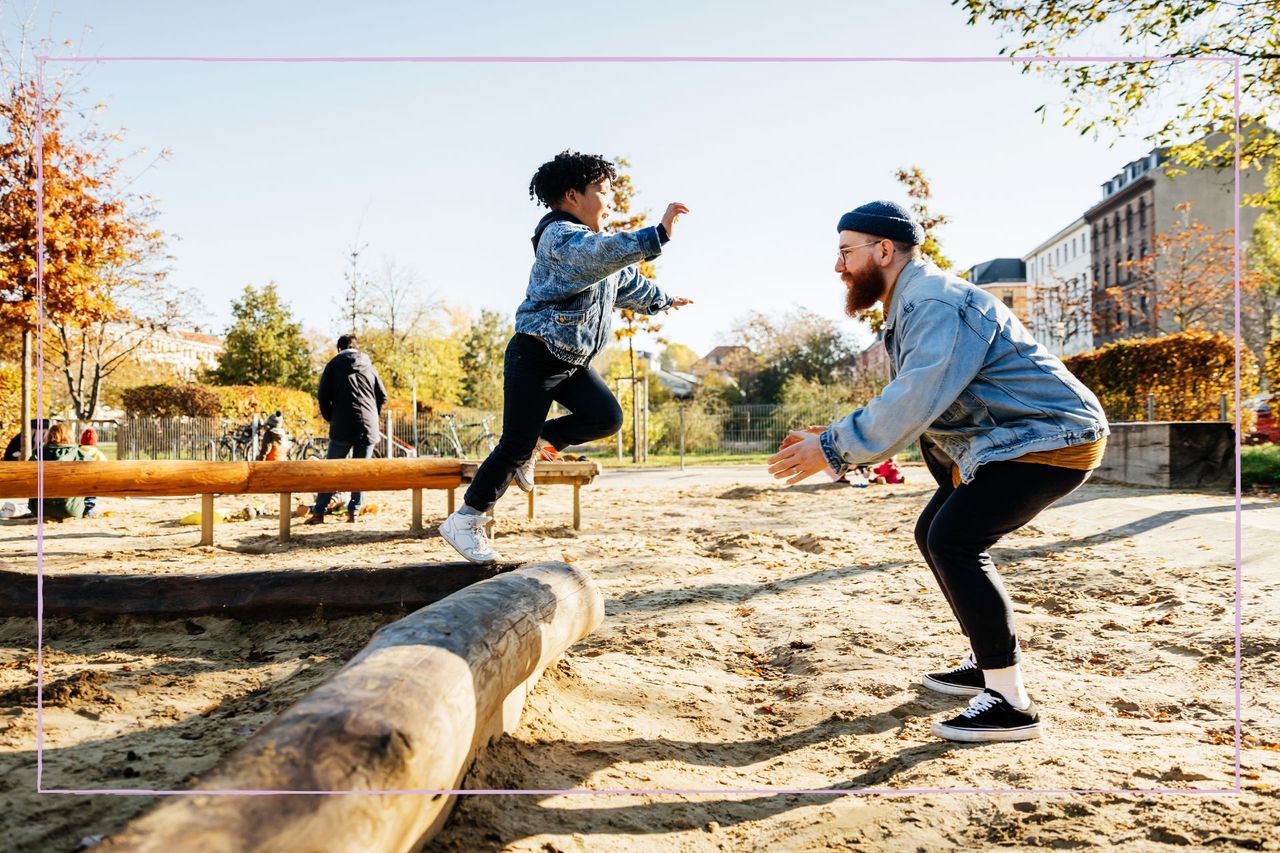 Days out in the South East illustrated by Kid jumping off bench to mans arms