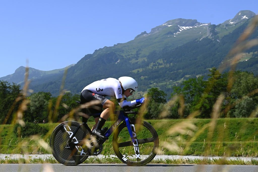 VADUZ SWITZERLAND JUNE 19 Georgia Williams of New Zealand and Team BikeExchange Jayco sprints during the 2nd Tour de Suisse Women 2022 Stage 2 a 256km individual time trial stage from Vaduz to Vaduz ITT ourdesuisse2022 on June 19 2022 in Vaduz Switzerland Photo by Tim de WaeleGetty Images
