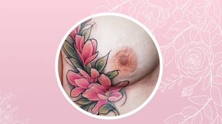 nipple tattoo and floral decorative tattoo on pink background with floral illustration