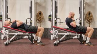 Ultimate Performance trainer demonstrates two positions of the incline crunch