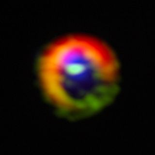 Observations made with the Atacama Large Millimeter/submillimeter Array (ALMA) telescope of the disc of gas and cosmic dust around the young star HD 142527, showing vast streams of gas flowing across the gap in the disc. These are the first direct observations of these streams.