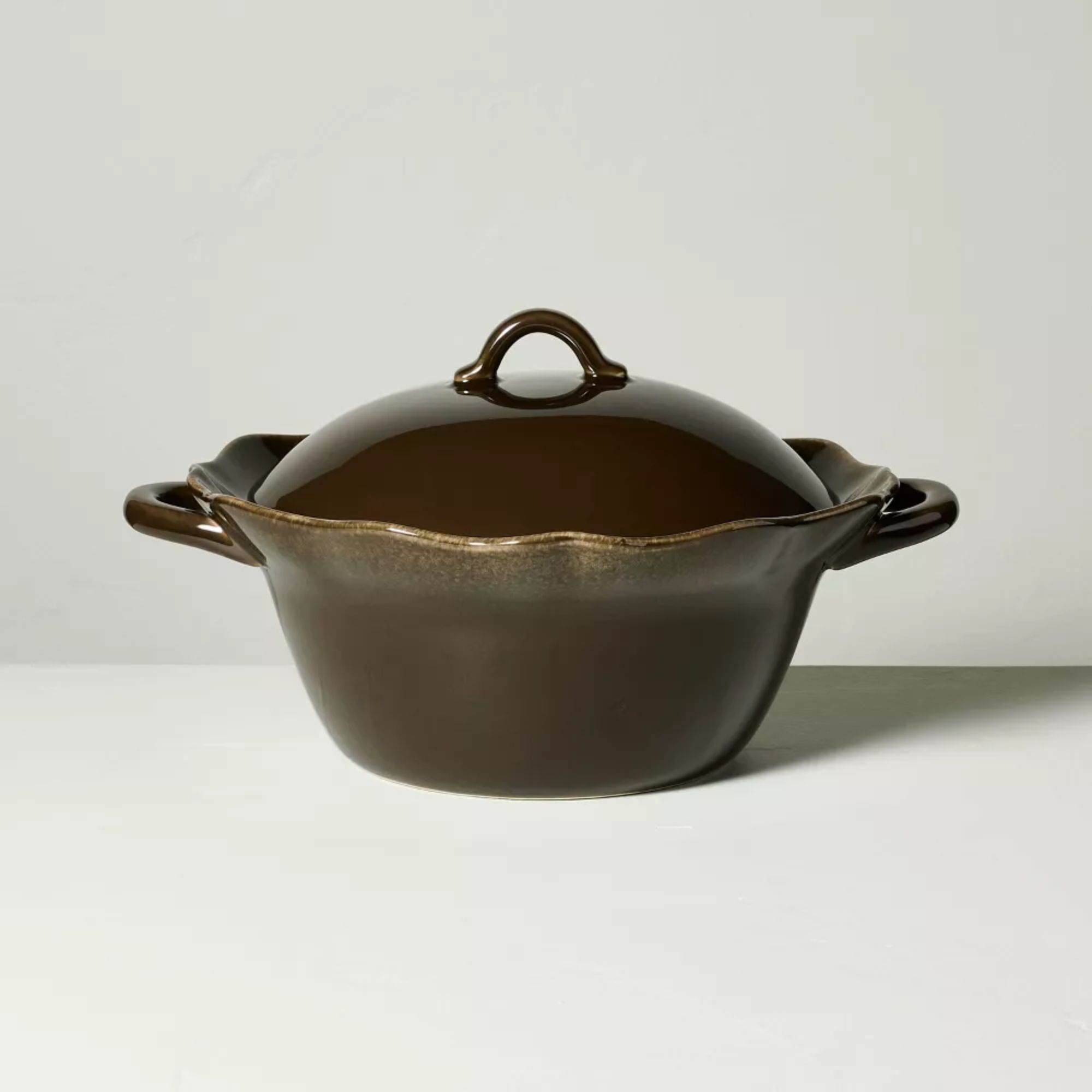 Brown stoneware soup terrine with lid and scalloped edge