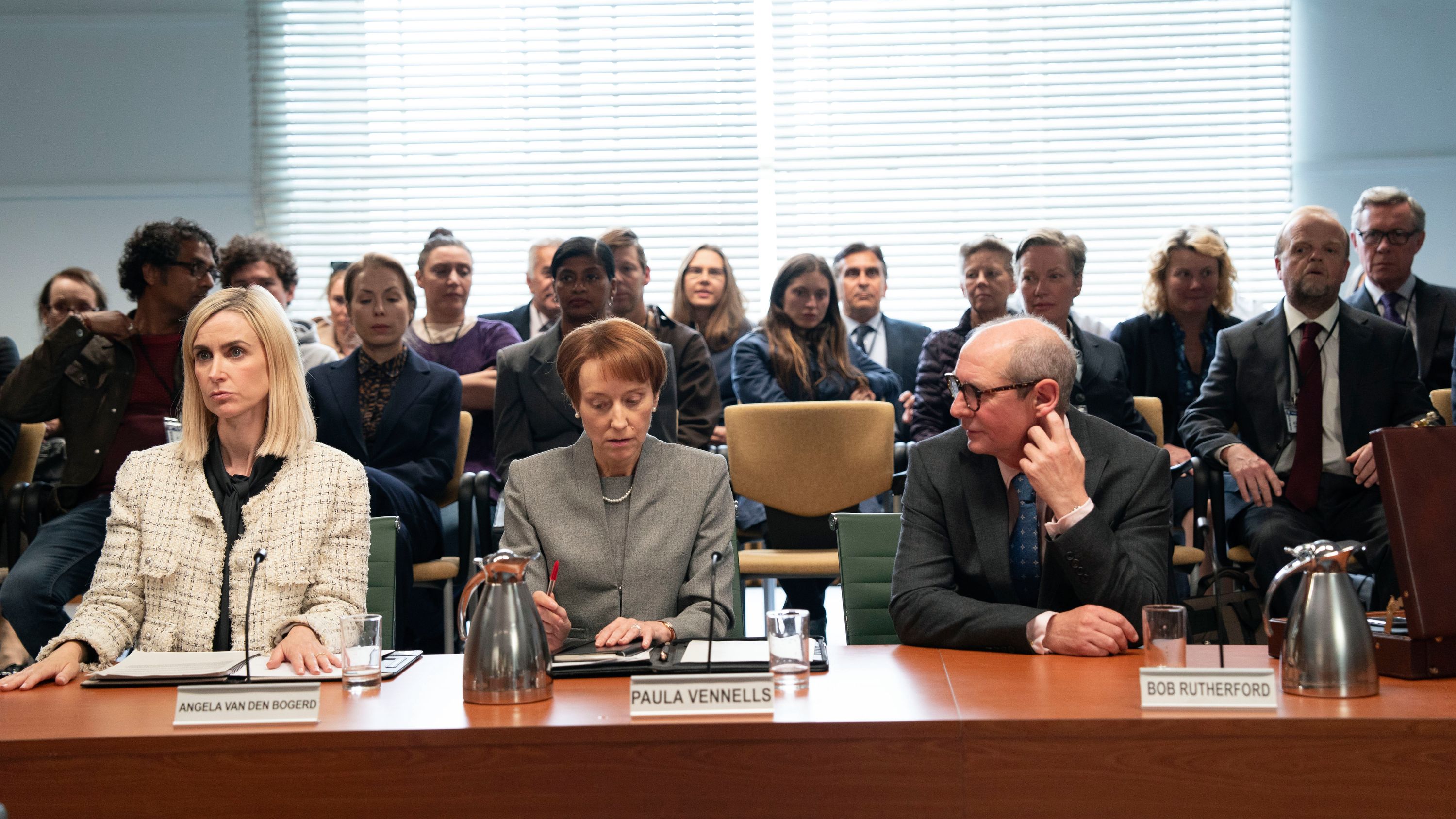 Angela, Paula, and Bob at the Parliamentary Select Committee in Mr Bates vs The Post Office episode 3.