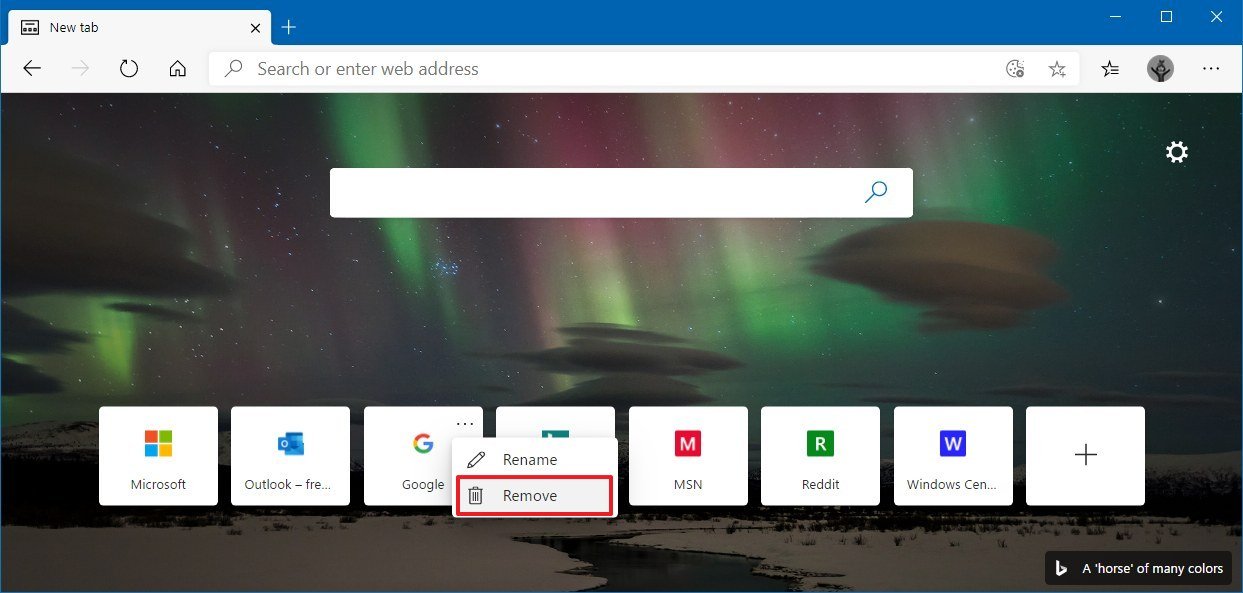 Microsoft Edge remove quick link new tab page