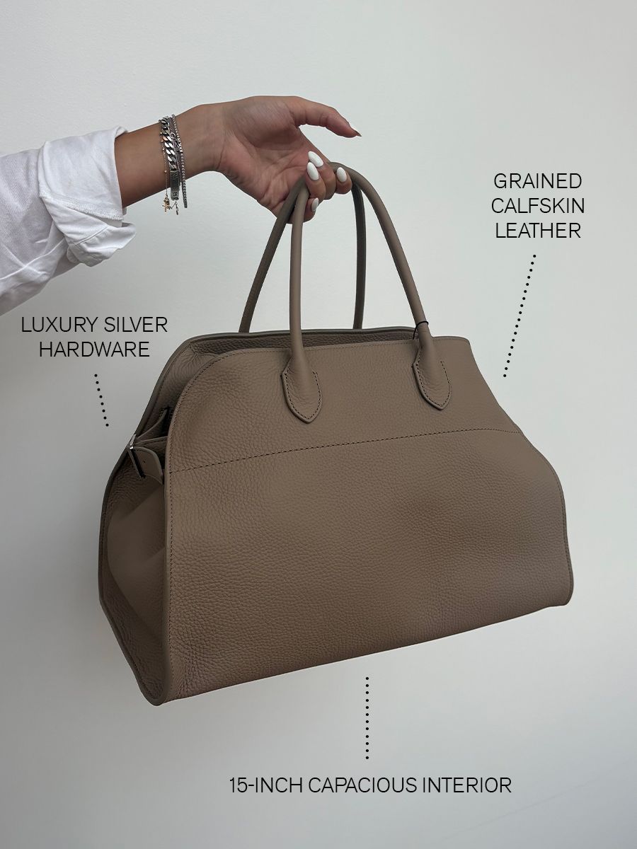 Editor Ana Escalante trying on and styling The Row Margaux 15 bag in taupe.