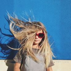 Clothing, Eyewear, Glasses, Hairstyle, Sunglasses, Electric blue, Street fashion, Cool, Blond, Long hair, 