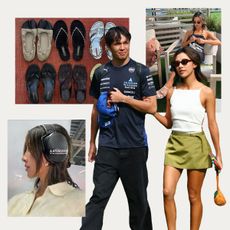 A collage of photos of Lily Muni He with F1 driver Alex Albon, in the F1 paddock, and at golf tournaments. 
