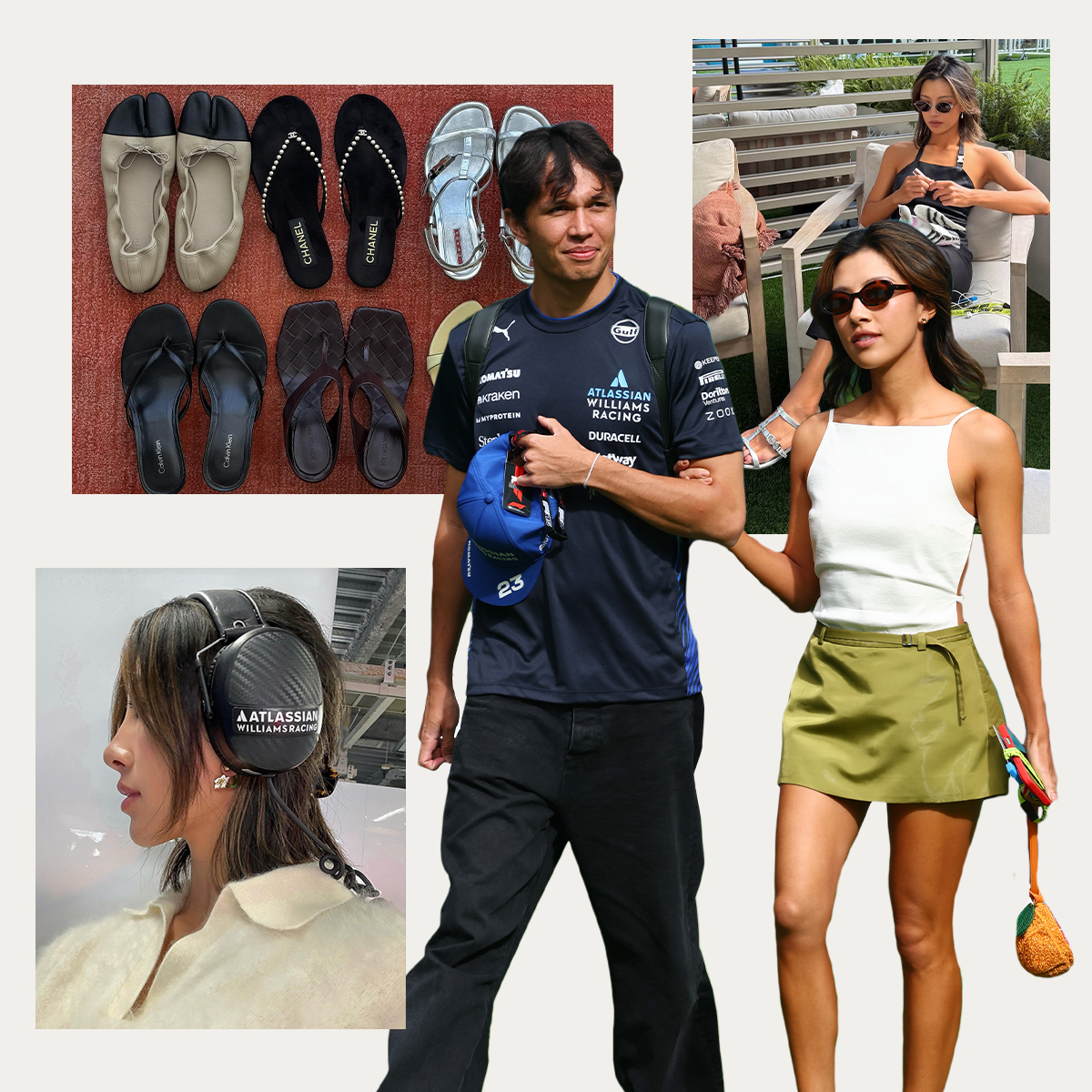 A collage of photos of Lily Muni He with F1 driver Alex Albon, in the F1 paddock, and at golf tournaments. 