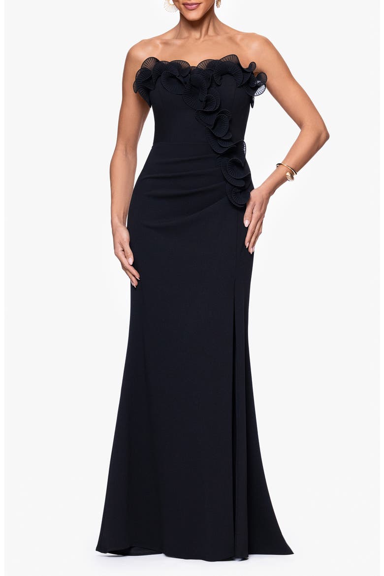 Ruffle Detail Strapless Scuba Crepe Sheath Gown