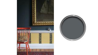 one of the best Farrow & Ball paints, Downpipe, in a striking room with artwork, and a pot of the paint next to it