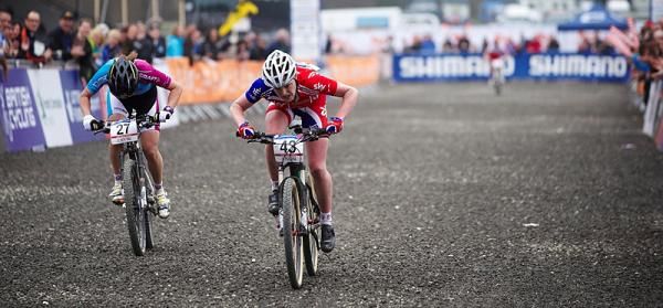 Under 23 racer Annie Last crosses the line after a stirring effort in the women's elite race.