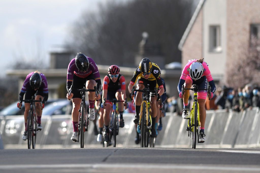 OETINGEN BELGIUM MARCH 14 Arrival Sprint Elisa Balsamo of Italy and Team Valcar Travel Service Jolien Dhoore of Belgium and Team SD Worx Marianne Vos of Netherlands and Jumbo Visma Team during the 1st GP Oetingen Womens Elite a 120km race from Oetingen to Oetingen gpoetingen on March 14 2021 in Oetingen Belgium Photo by Luc ClaessenGetty Images