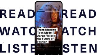 Phone screen showing trans disabled model, against the large bold words: Read, Watch, Listen