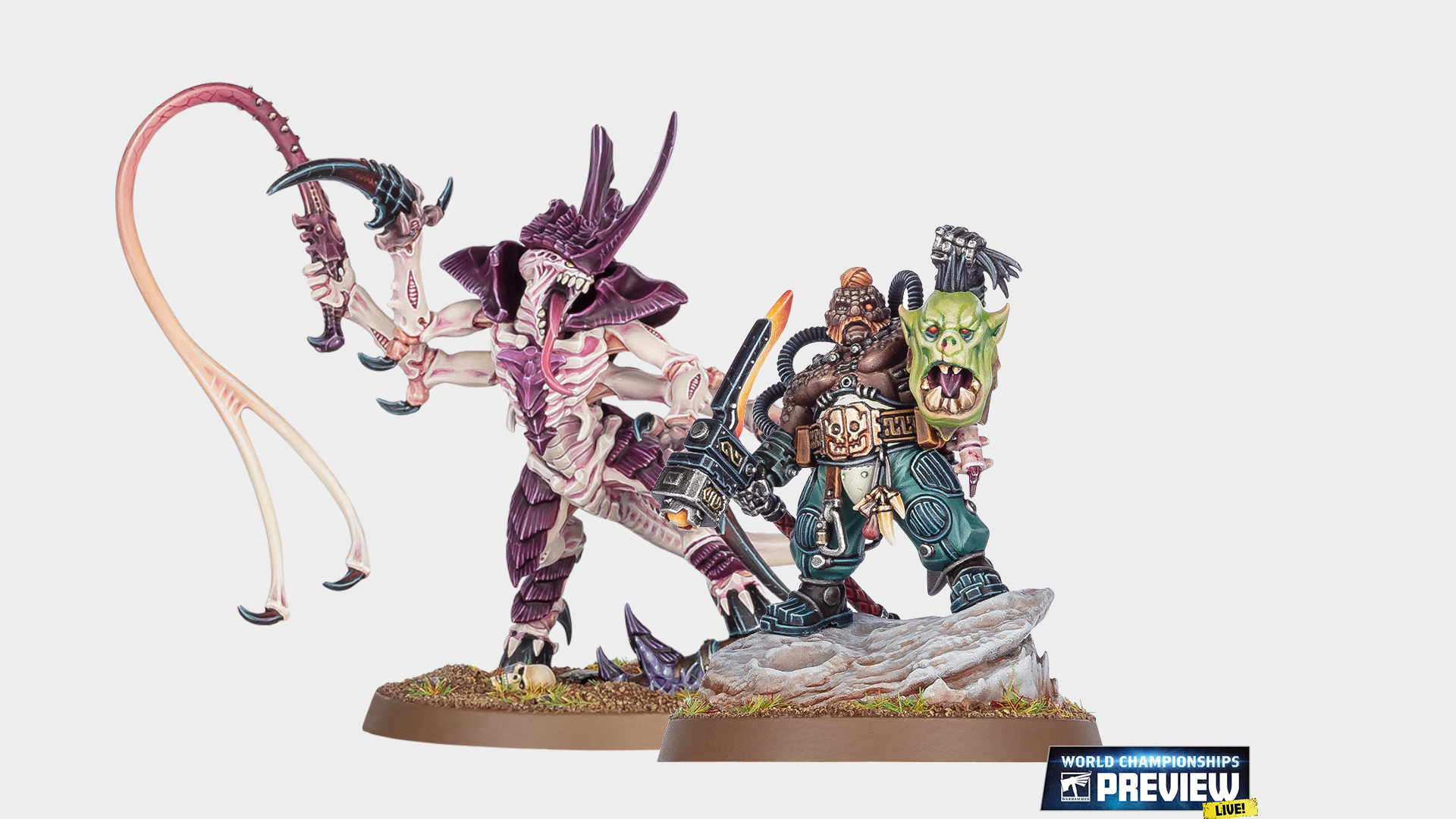 A Tyranid Prime with a whip and Leagues of Votann warrior holding up an Ork head against a plain background, with a World Championships Preview logo in the bottom corner