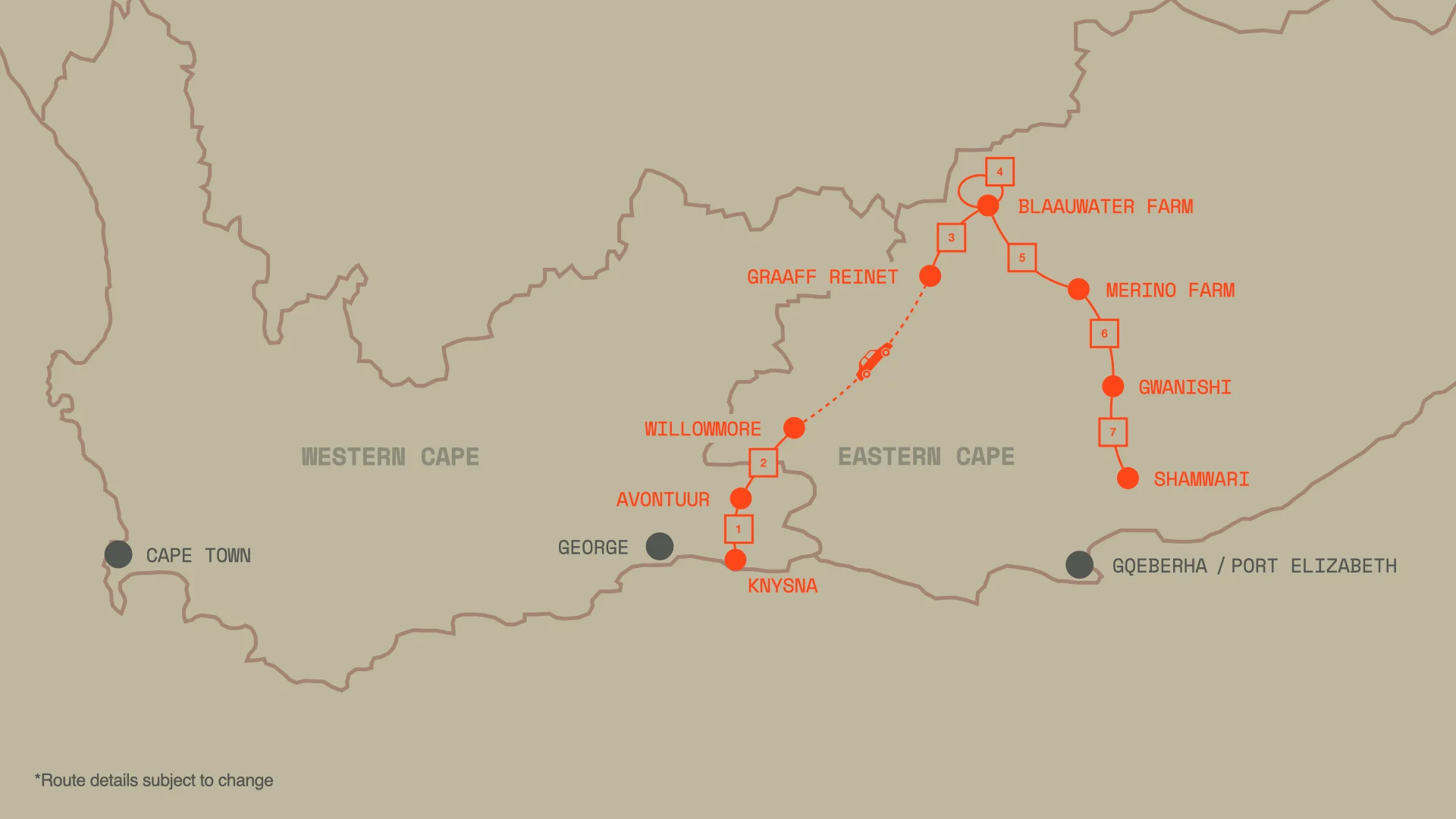 Gravel Burn route map showing course through the Western and Eastern Cape of South Africa