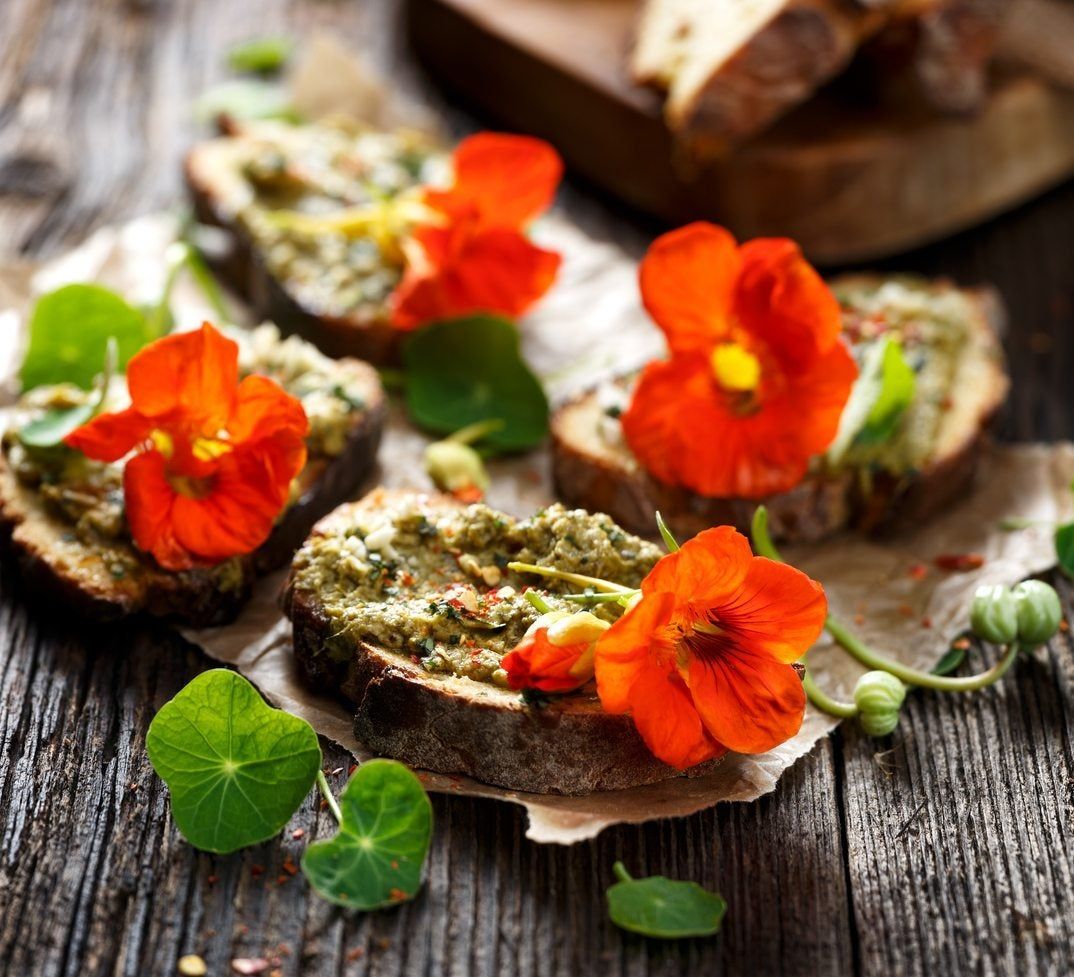 Nasturtium Flowers On Pieces Of Bread