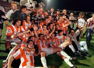 Vicenza players celebrate their Coppa Italia final win over Napoli in May 1997.