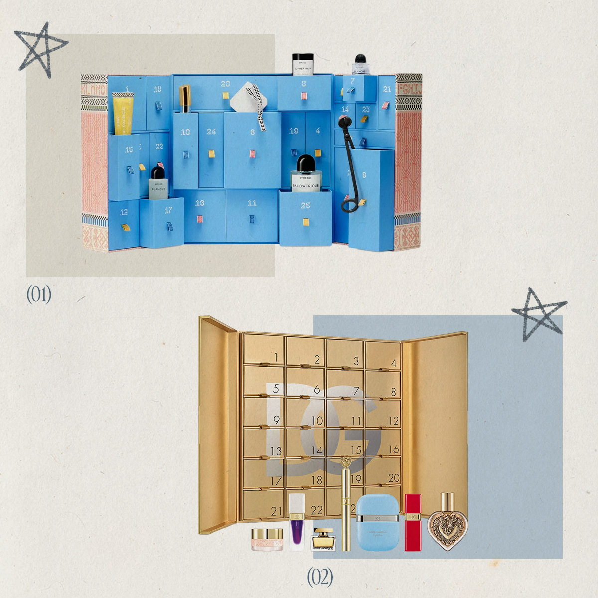 A collage of 2026 Advent calendars from Byredo and Dolce &amp; Gabbana.