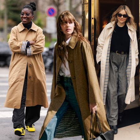 a collage of three women wearing sezane trench coats in street style