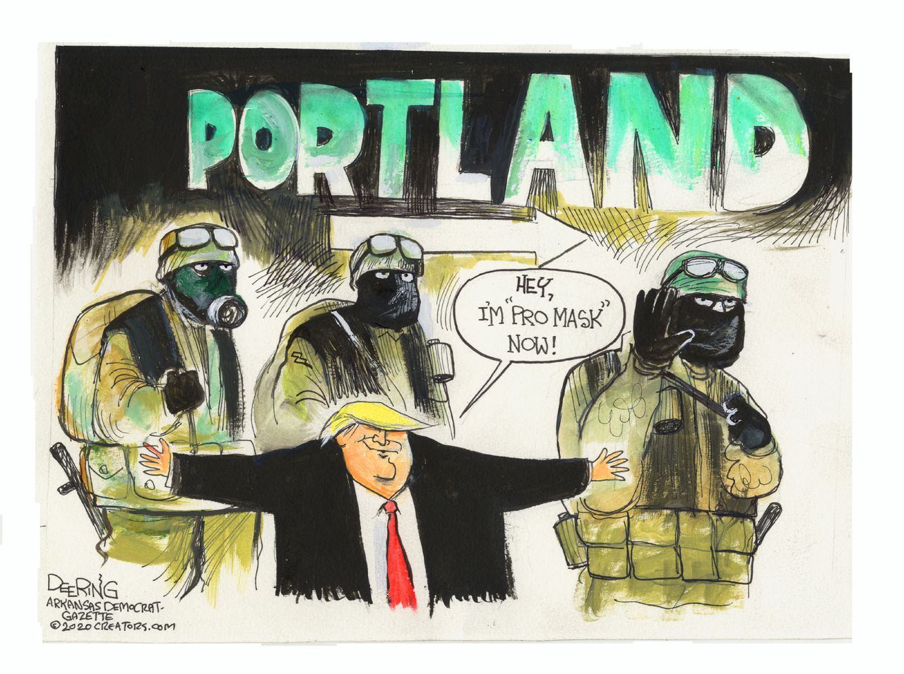 Political Cartoon U.S. Trump Portland military police masks