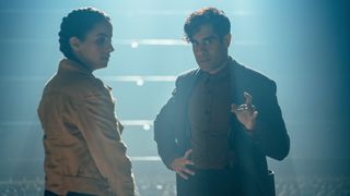 Mandip Gill as Yaz and Sacha Dhawan as The Master in the Doctor Who Centenary Special