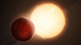 a large reddish planet next to a bright star