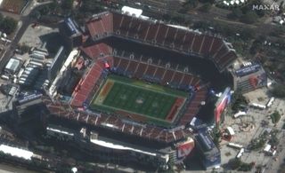 This closeup of a photo snapped by Maxar Technologies' GeoEye-1 satellite shows Raymond James Stadium in Tampa, Florida, on Feb. 7, 2021, about seven hours before Super Bowl LV kicked off.
