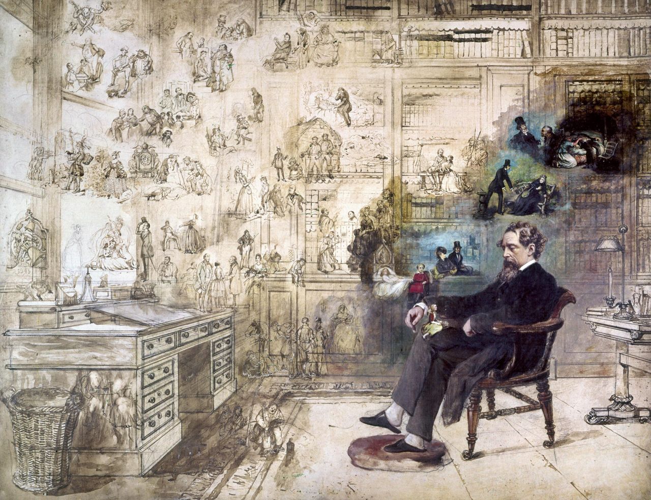 The author and his best characters captured in &#039;Dickens&#039;s Dream&#039;, an unfinished oil painting by Robert William Buss, 1875.